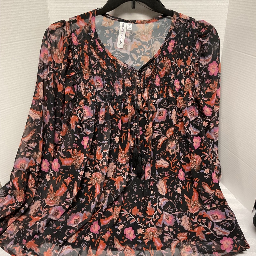 Anthropologie Pink and Black Pleated Blouse